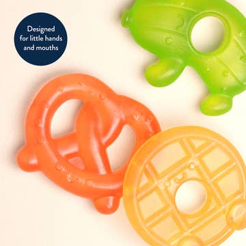 Three colorful baby teething toys on a beige background with text 'Designed for little hands and mouths'.