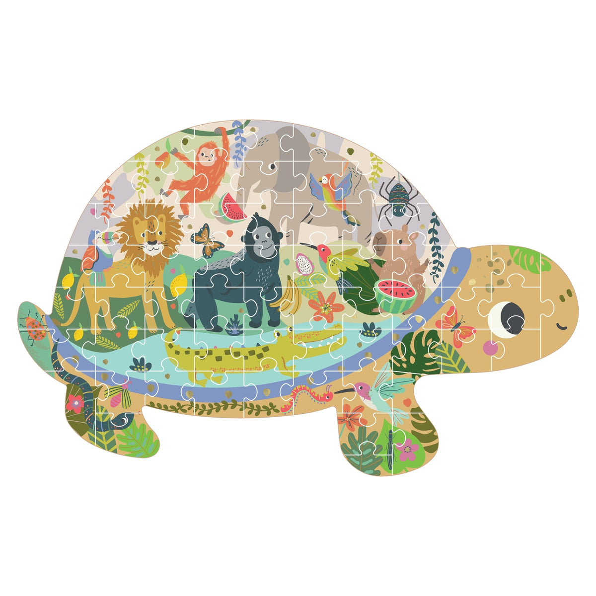 Tortoise-shaped puzzle with animal illustrations on a white background