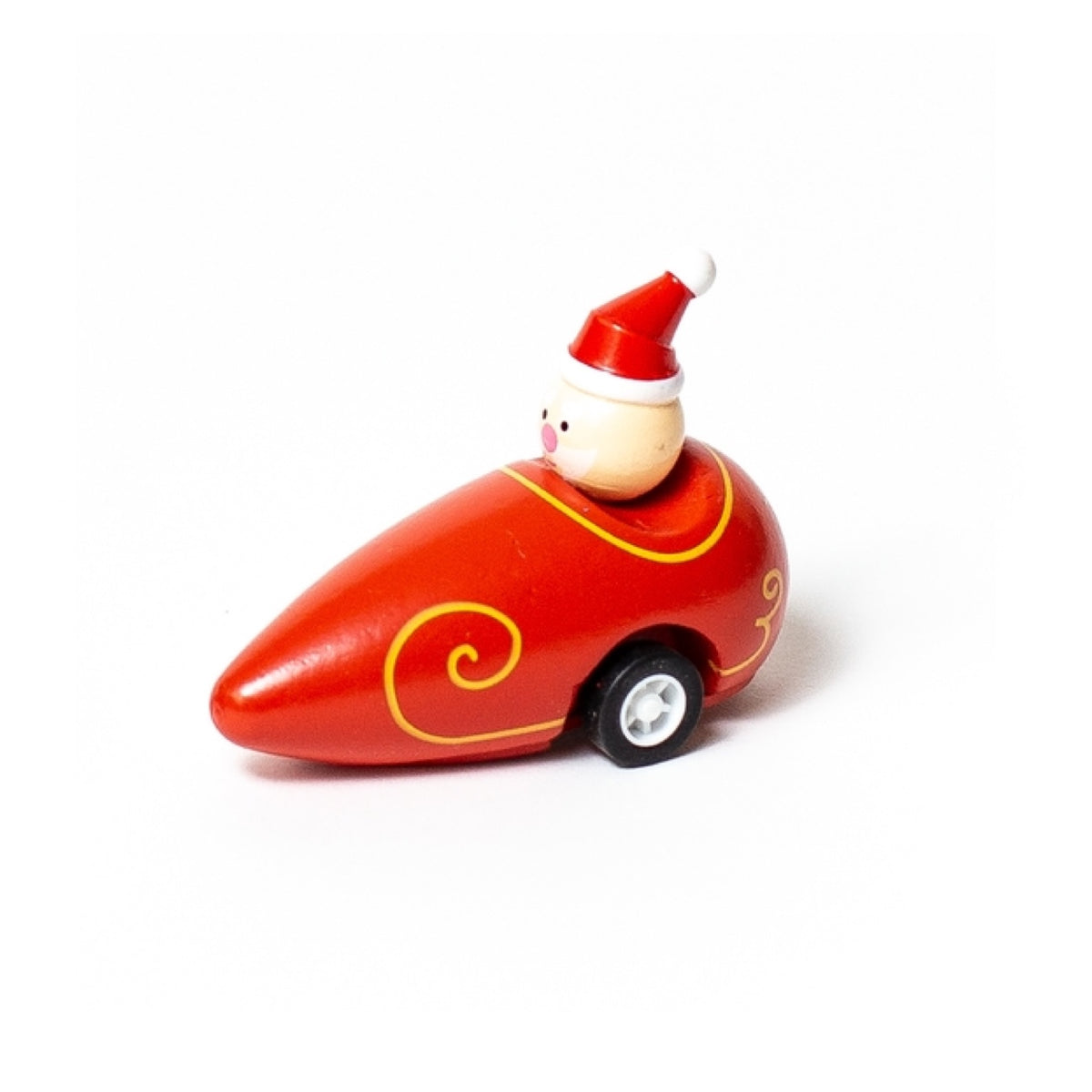 Two red toy cars with Santa hats on a white background