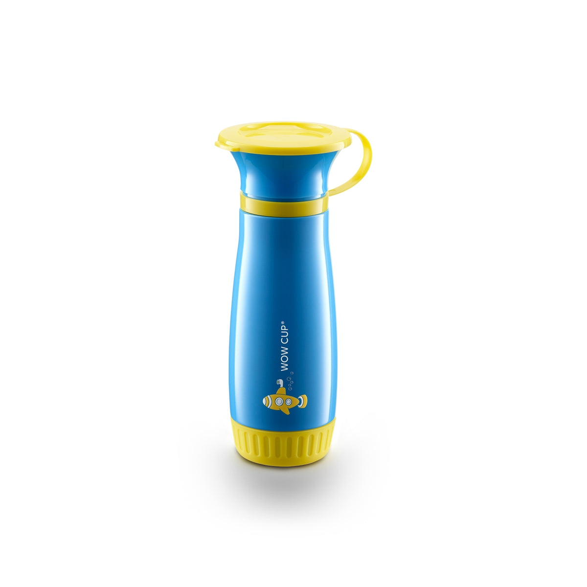 A blue and yellow Wonder Cup water bottle with a yellow lid and carrying loop, shown on a clean white background.