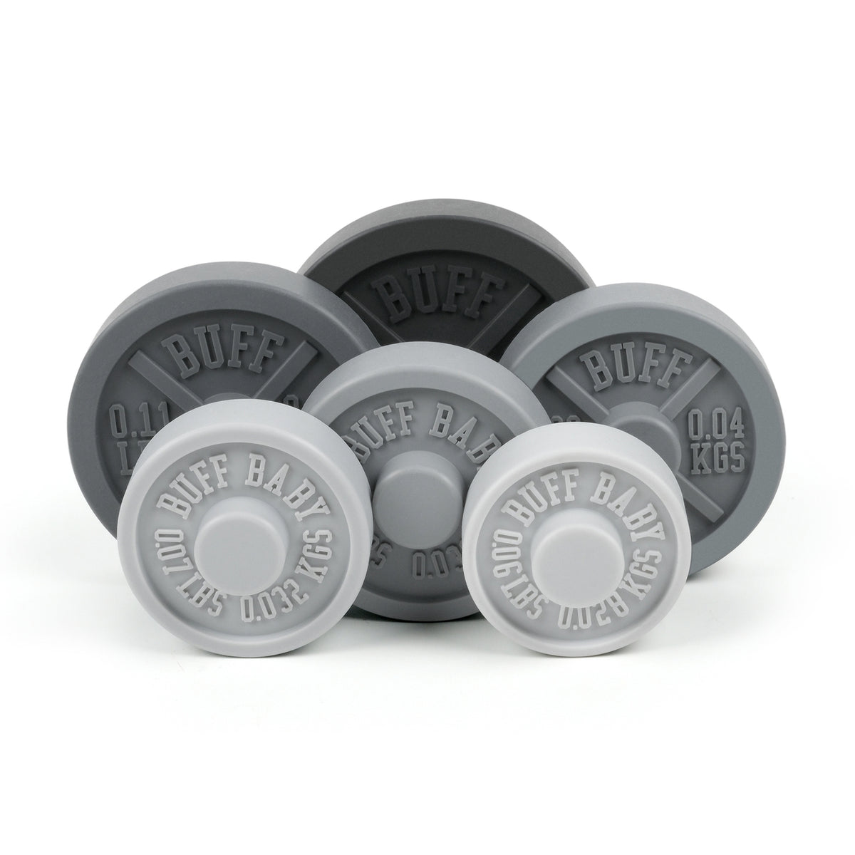 Set of gray silicone weights with 'BUFF' branding on a white background