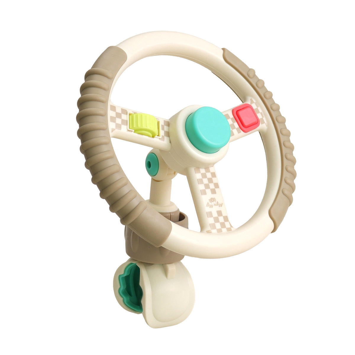 Toy steering wheel with colorful buttons on a white background