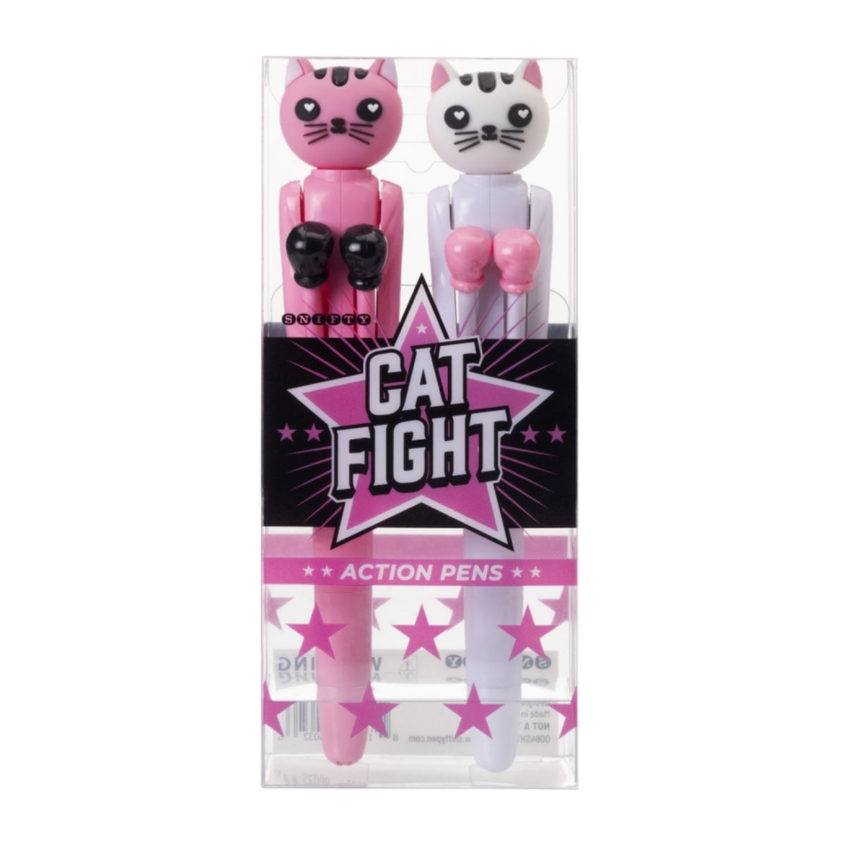 Cat-themed action pens in pink and white packaging with 'Cat Fight' text.