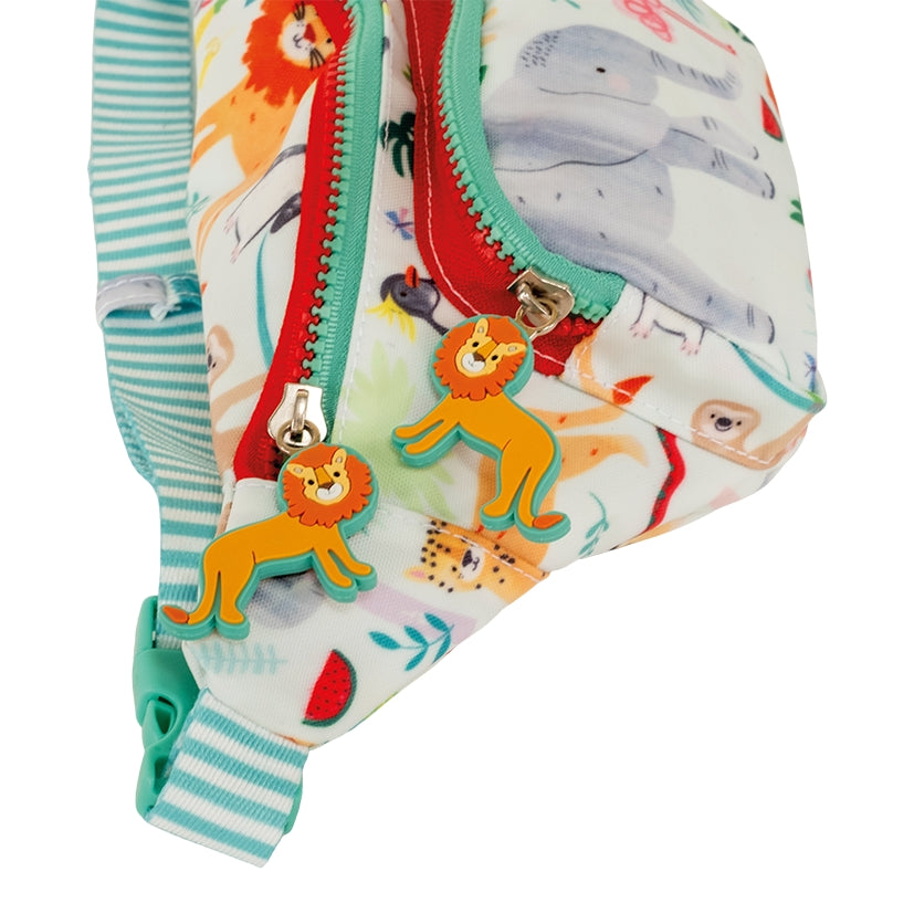 Children's diaper bag with animal print and lion charm on a white background