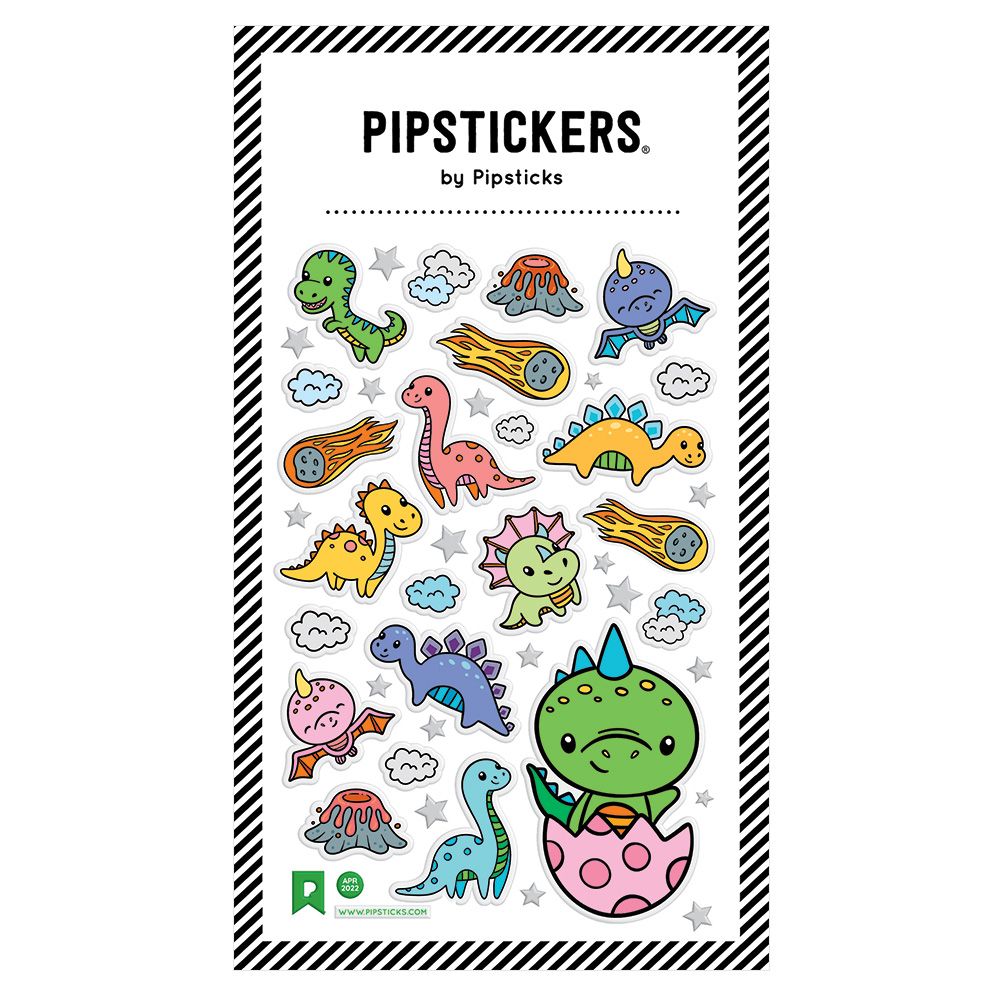 Sheet of colorful dinosaur stickers by Pipsticks on a white background
