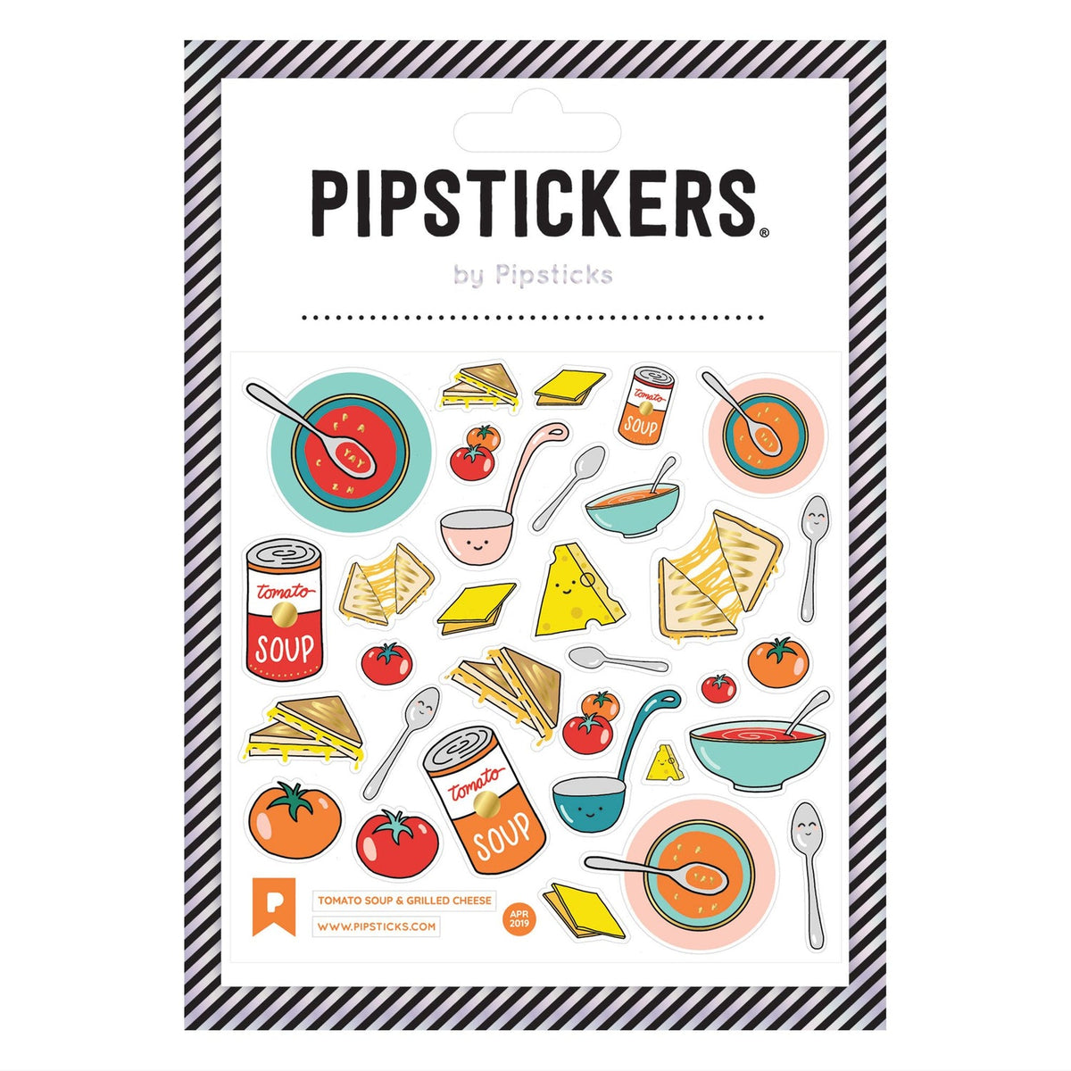 Pipsticks by Pipsticks Tomato Soup & Grilled Cheese sticker sheet, featuring colorful cartoon illustrations of soup cans, bowls, tomatoes, cheese wedges, and sandwiches on a white background with a black and white striped border.