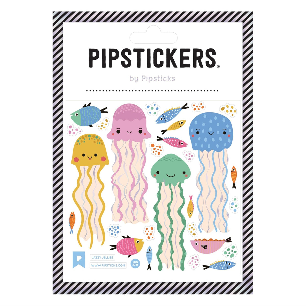Packaging of Pipstickers with colorful jellyfish illustrations on a white background