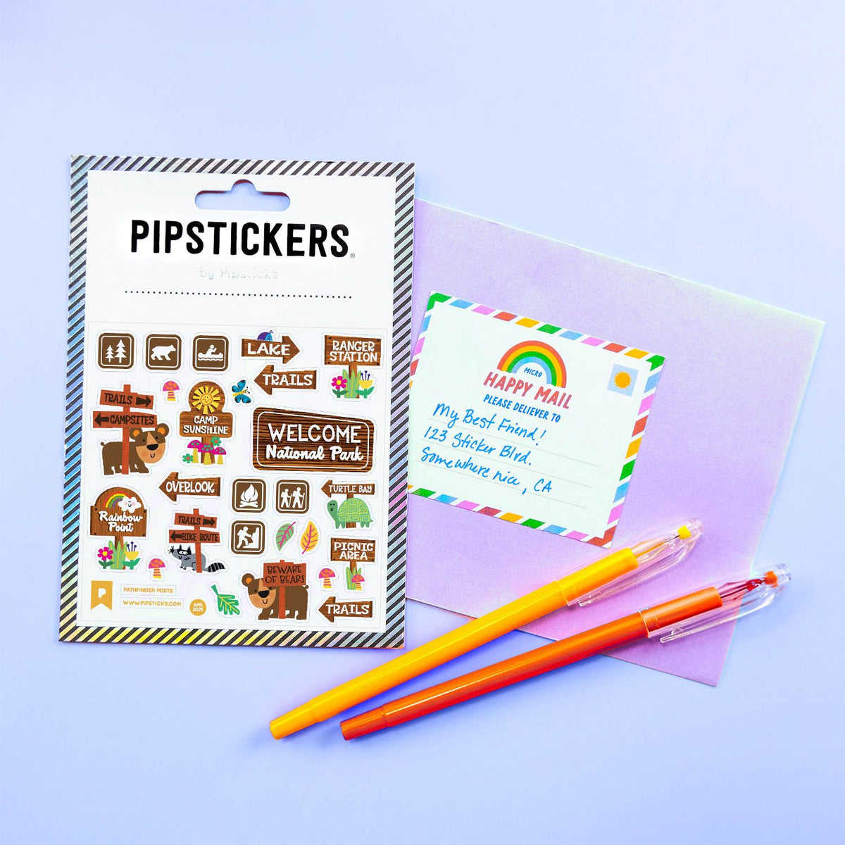 PipStickers packaging with a letter and two pens on a light blue background