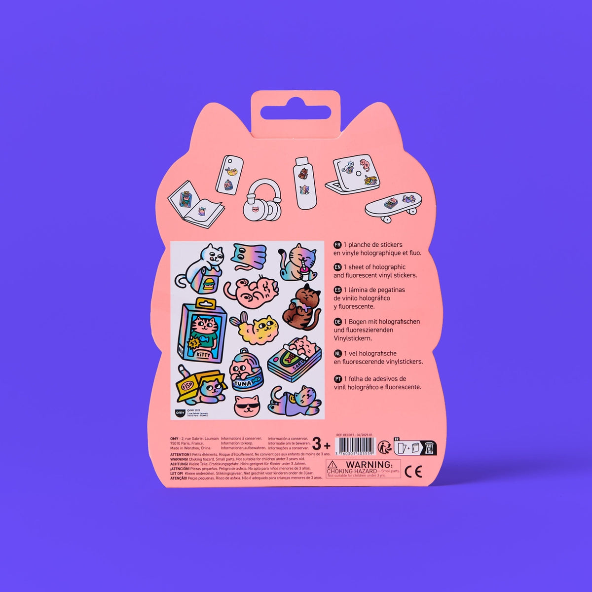 The back of a pink cat-shaped sticker packaging card, showing illustrated icons of various stickers, product details in multiple languages, and a warning label, set against a solid purple background.