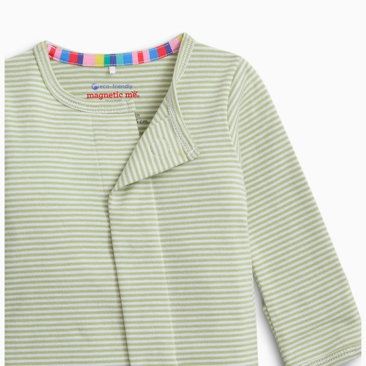 Close-up of a baby long-sleeve top with light green and white horizontal stripes, featuring a wrap-style front and a colorful striped inner collar.