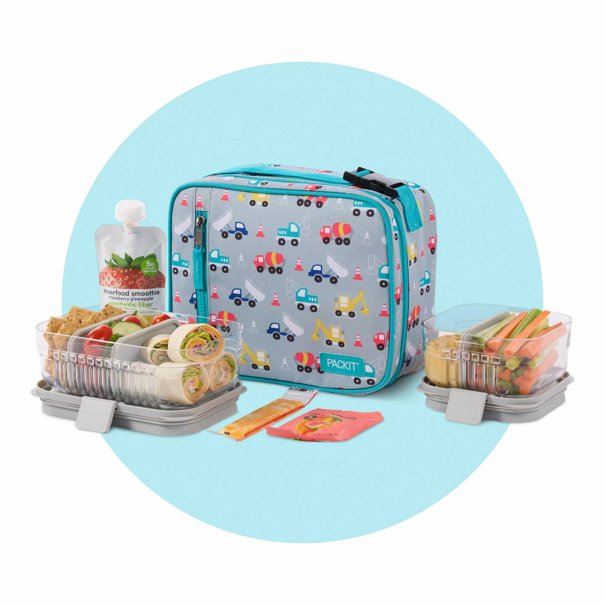 Lunch bag with compartments containing snacks on a light blue background