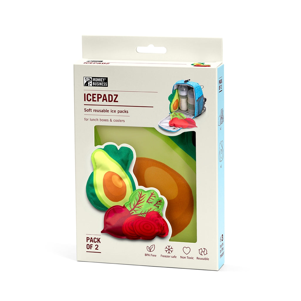 Packaging of Icepadz soft reusable ice packs for lunch boxes and coolers, featuring avocado, beetroot, and lettuce designs.