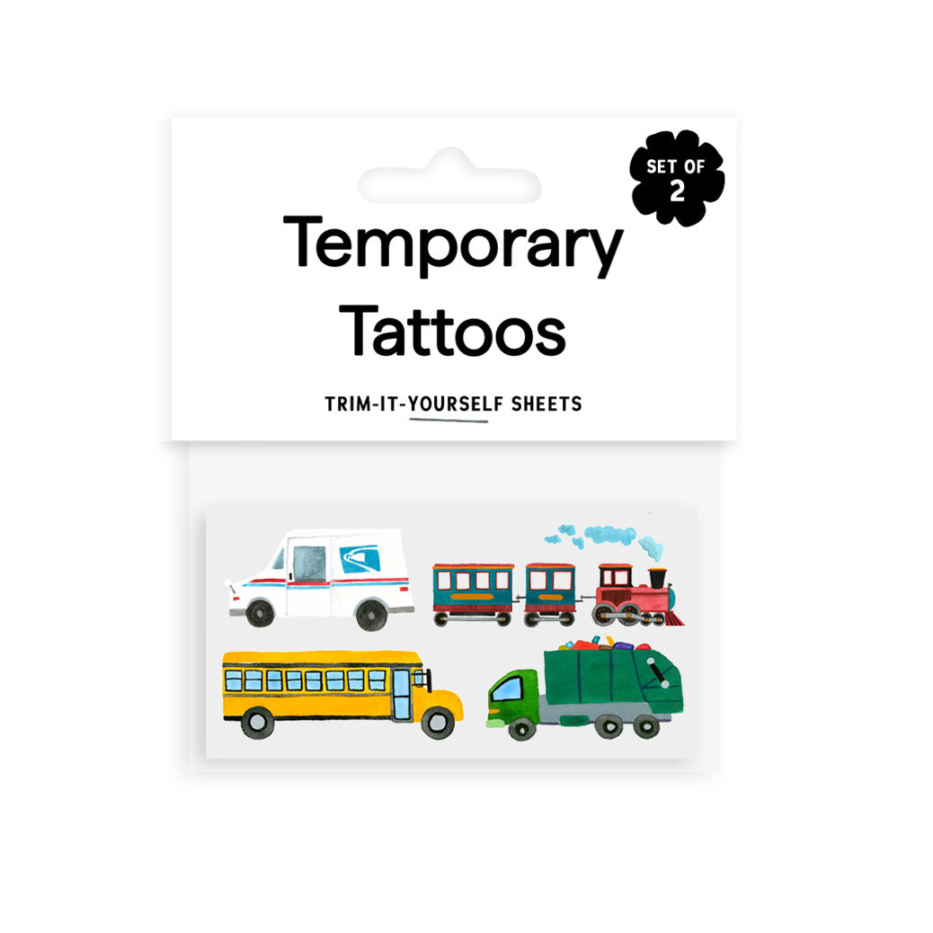 Set of temporary tattoos with vehicle designs on a white background