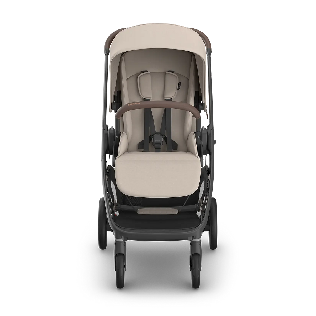 A stroller with a beige and brown color scheme, shown from a front-facing perspective on a clean white background.