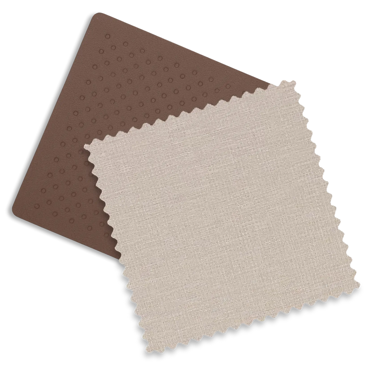 Two fabric/material swatches on a white background: a dark brown textured square with a dotted pattern underneath and a larger light beige woven swatch with scalloped edges layered on top.