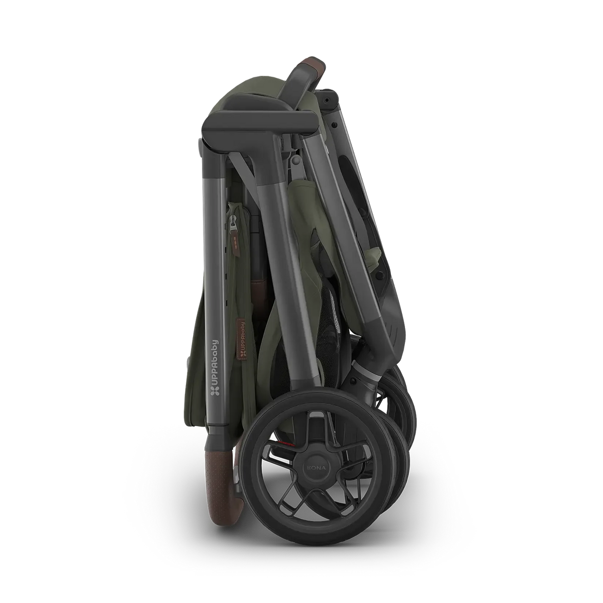 A folded stroller shown from the side on a clean white background. The stroller features an olive green fabric body with a dark gray frame and black wheels.