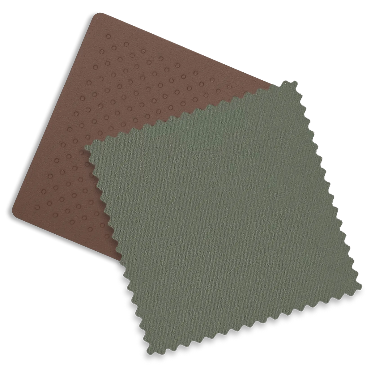 Two fabric or material swatches shown on a white background: a square olive green swatch with scalloped edges partially covering a brown rectangular swatch with a dotted texture.