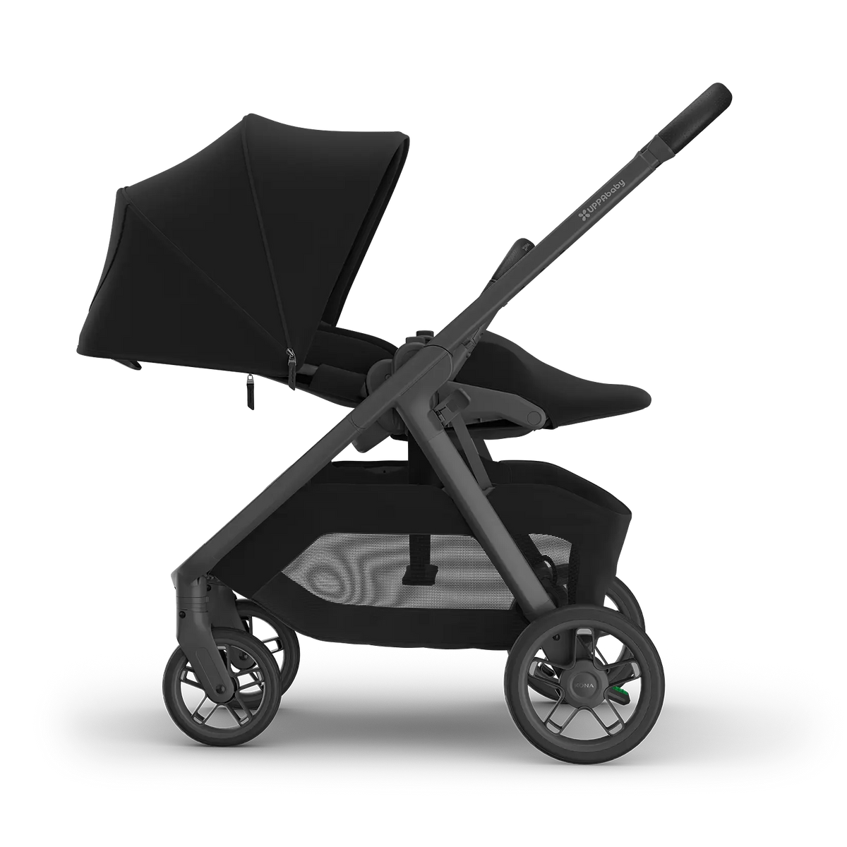A stroller in a monochrome black and dark gray colorway, shown from a side profile against a clean white background.
