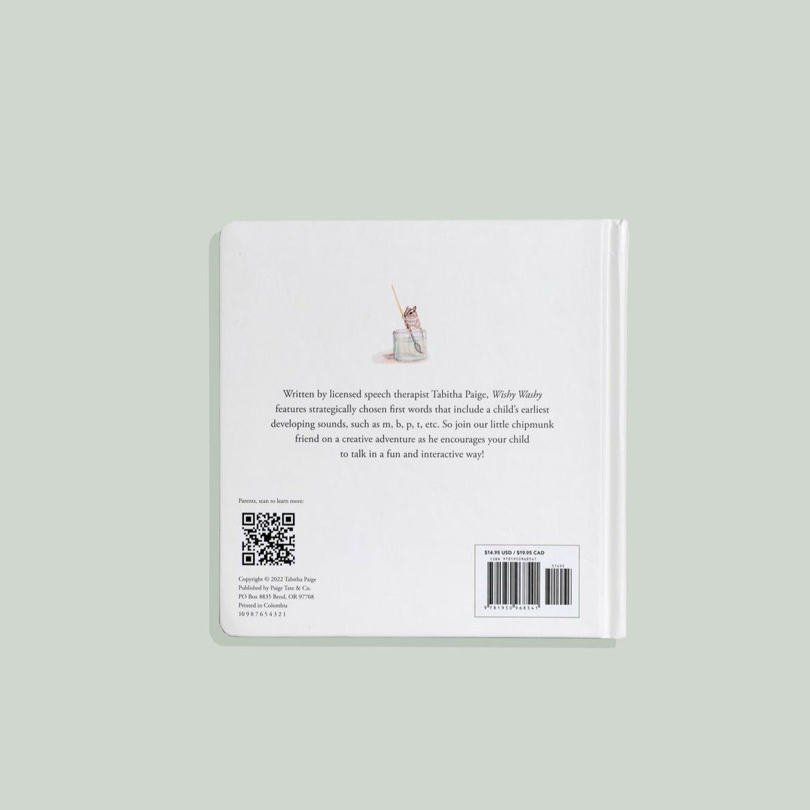 Back cover of a book with text and a QR code on a light green background