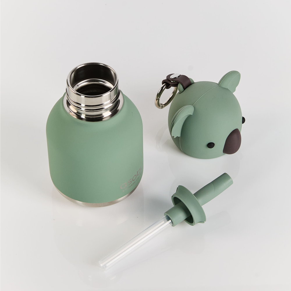 Green water bottle with keychain and dropper on a light gray background