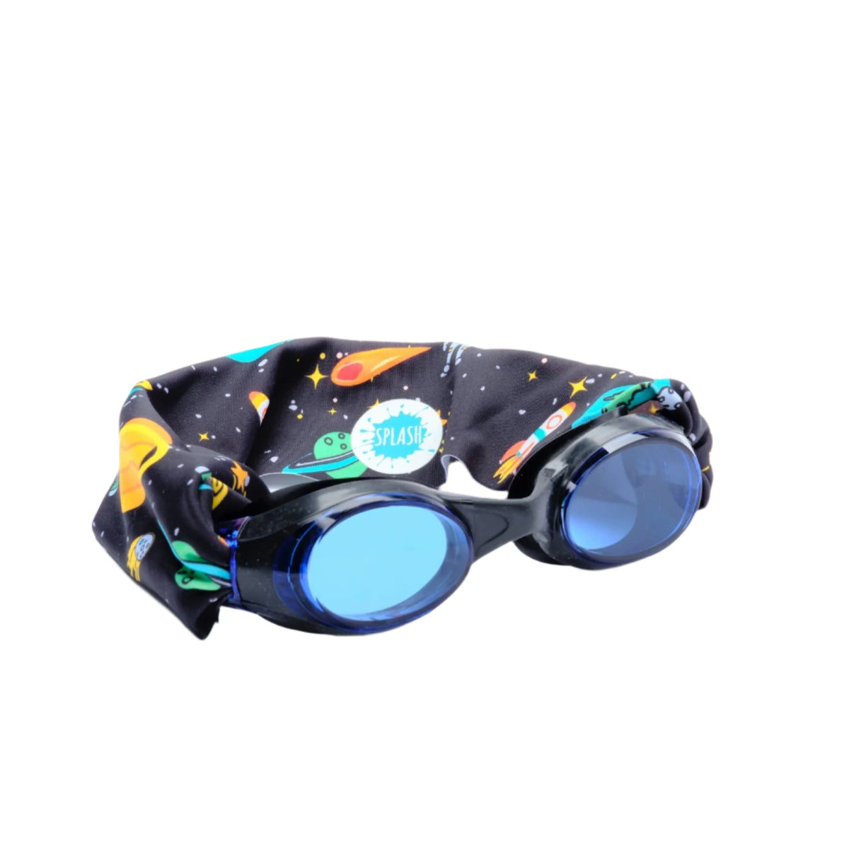 Space-themed swim goggles with a 'Splash' logo on a white background