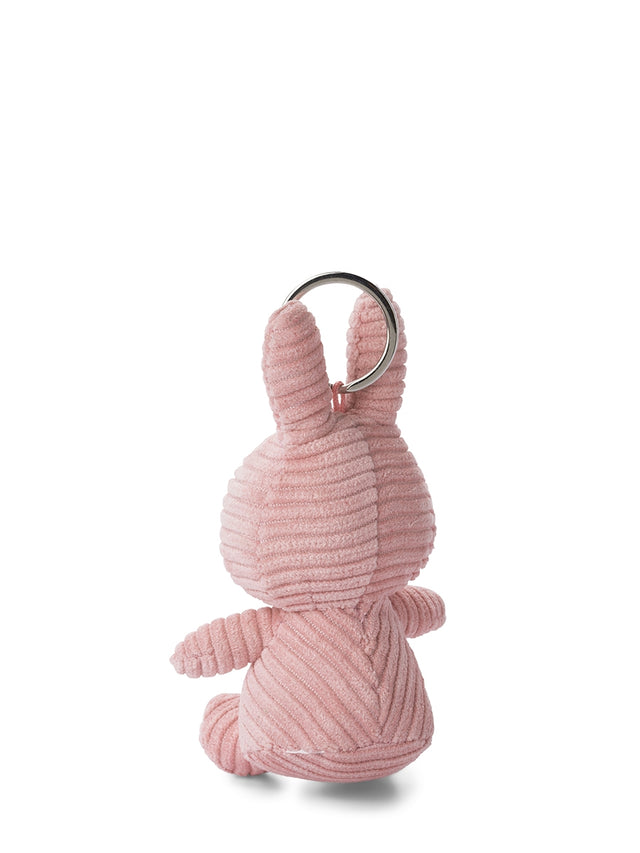 Pink plush bunny keychain on a white background