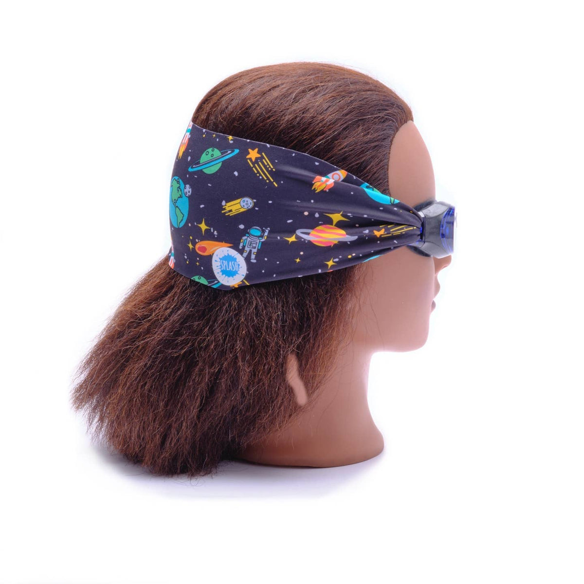 Mannequin head wearing a space-themed headband on a white background