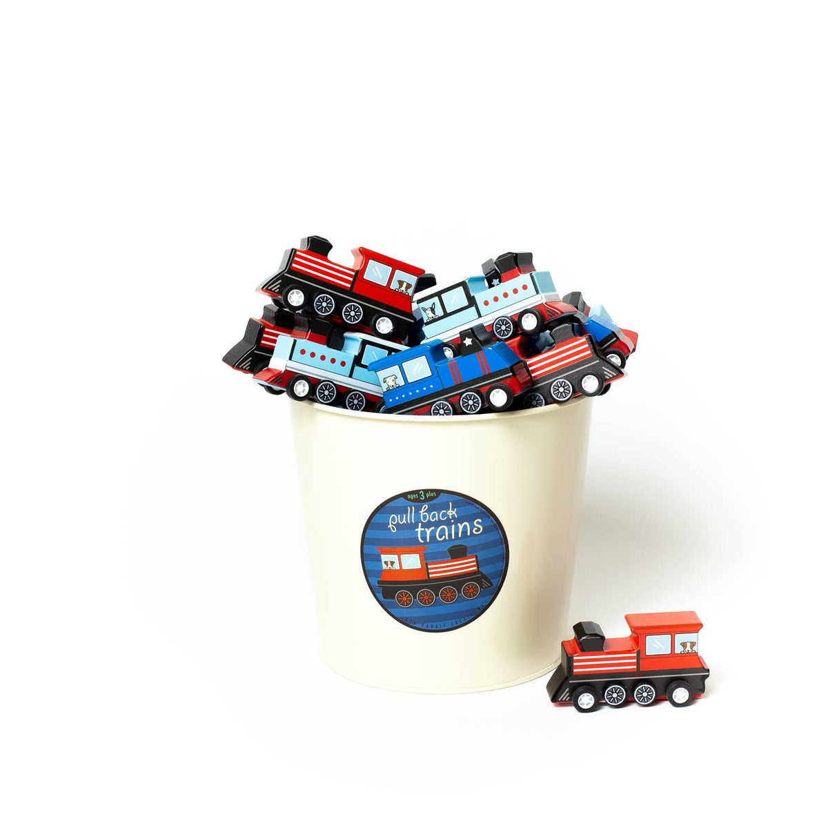 Toy trains in a container with a 'pull back trains' label on a white background