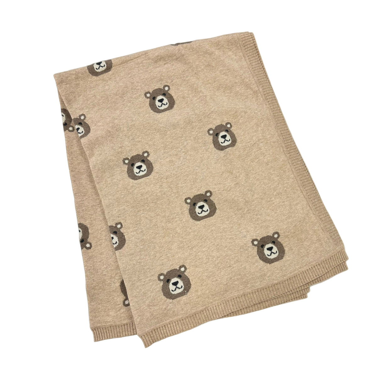 Beige blanket with teddy bear patterns on a white background