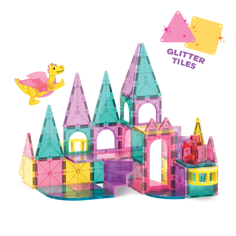 Colorful castle building set with glitter tiles on a white background