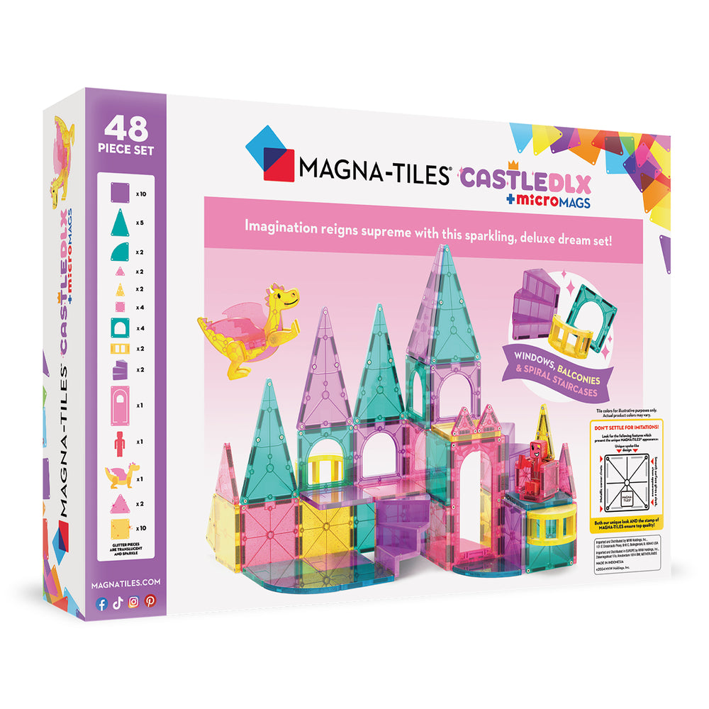 Magna-Tiles Castle DLX toy set packaging with colorful castle model on a white background