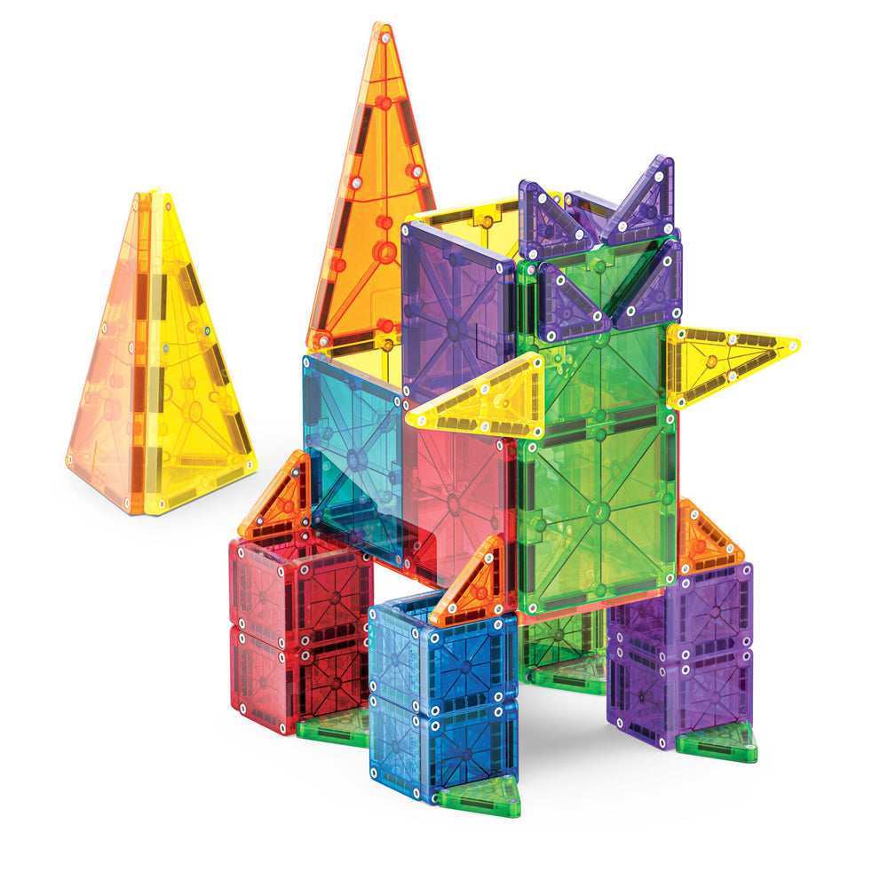 An assembled animal-like structure built from colorful translucent standard-sized and micro-sized magnetic tiles, accompanied by two separate standalone magnetic shapes, all set against a white background.