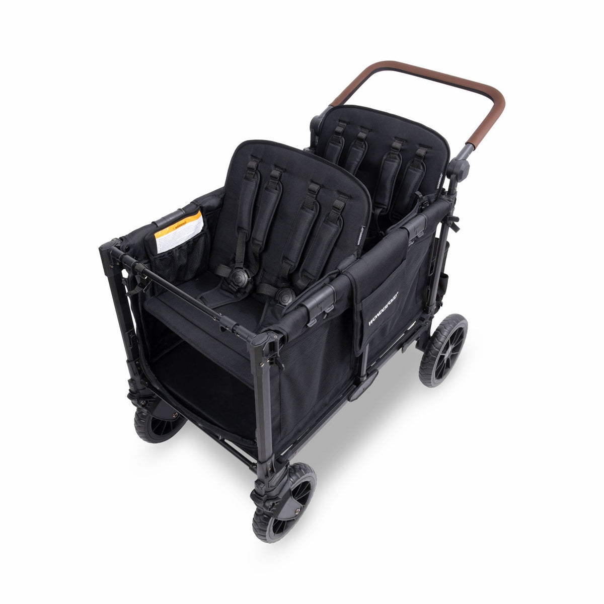Black stroller with multiple seats on a white background