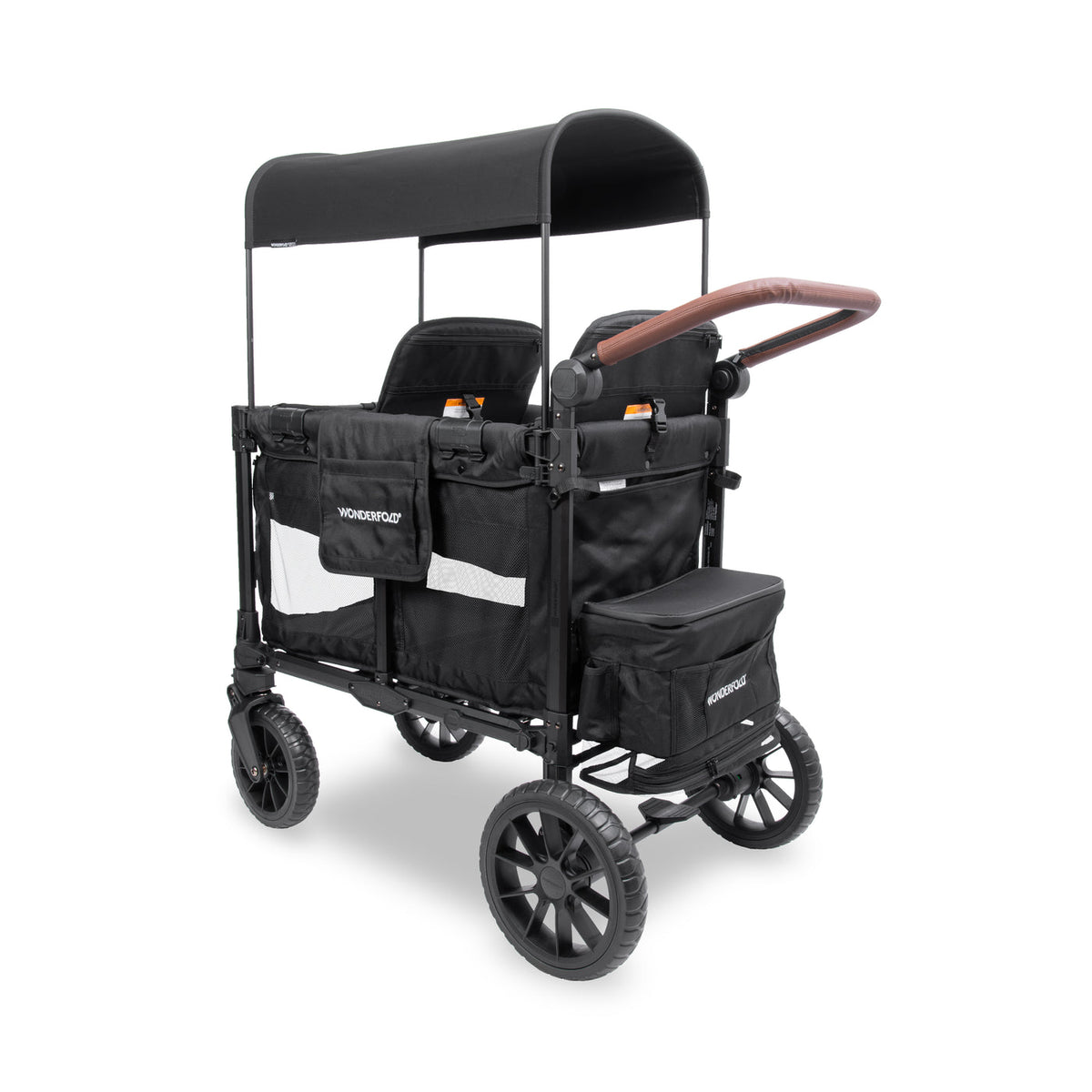 Black double stroller with canopy on a white background