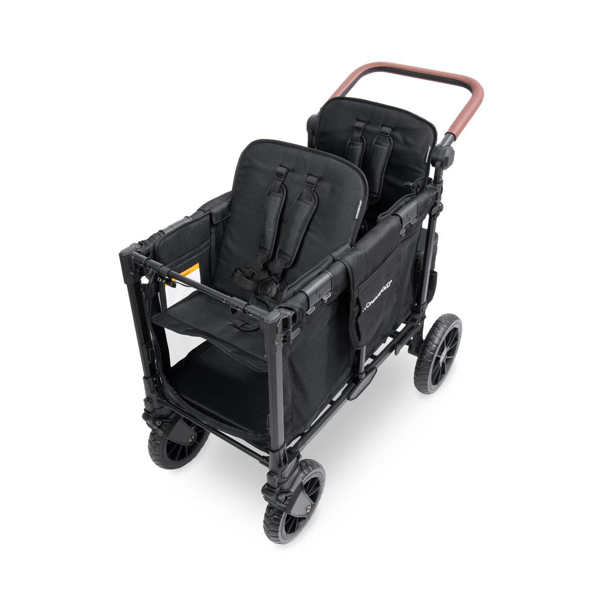 Black double stroller with two seats on a white background