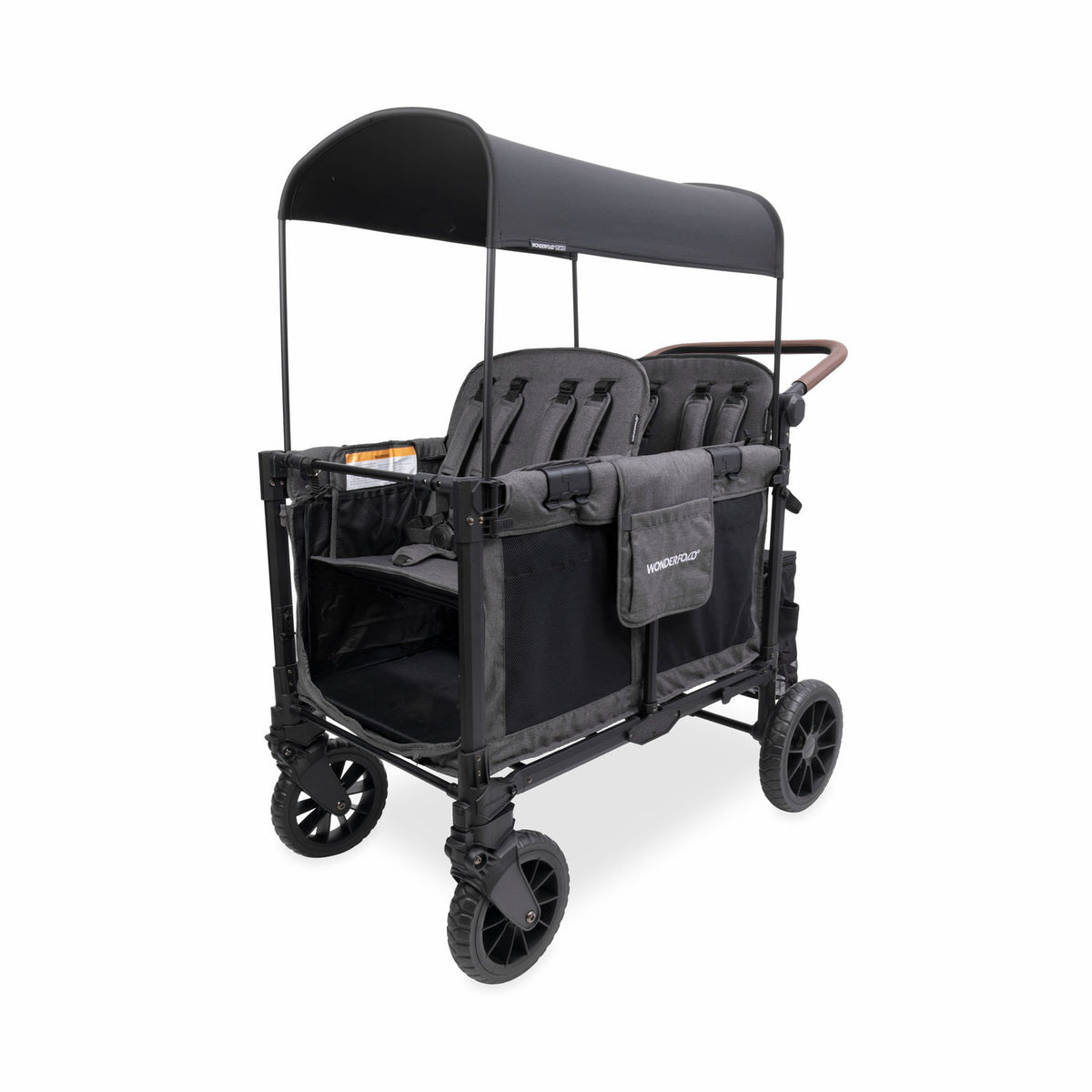 Black double stroller with canopy on a white background