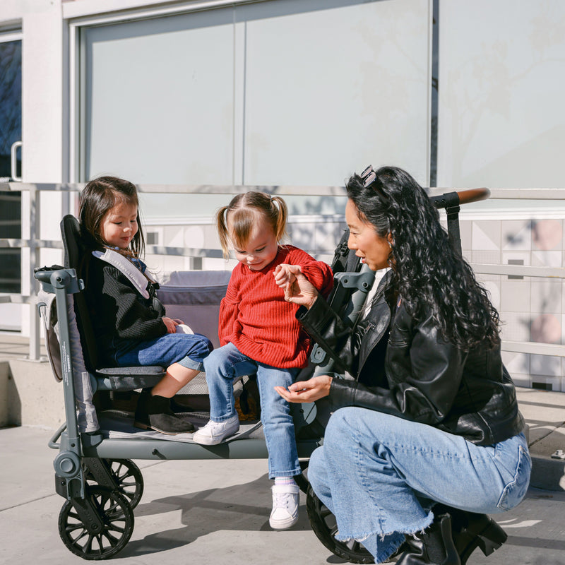 Woman with two children in a stroller outdoors