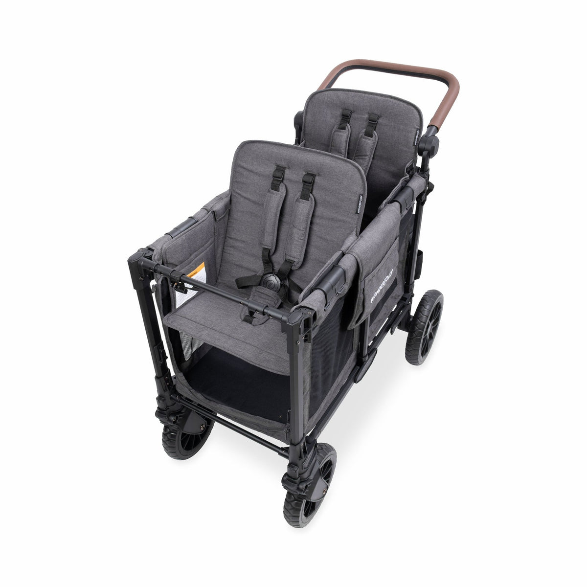 Double stroller with gray seats on a white background