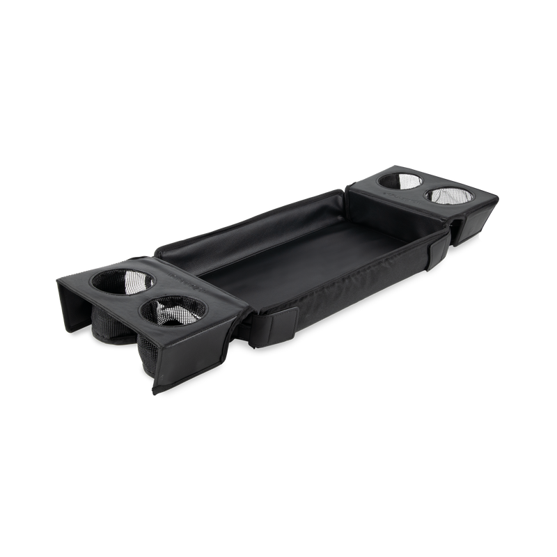 Black car cup holder tray with two cup holders on a white background