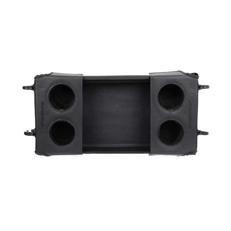 Black car console with cup holders on a white background