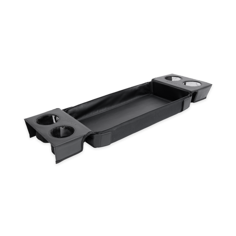 Black plastic tray with cup holders on a white background