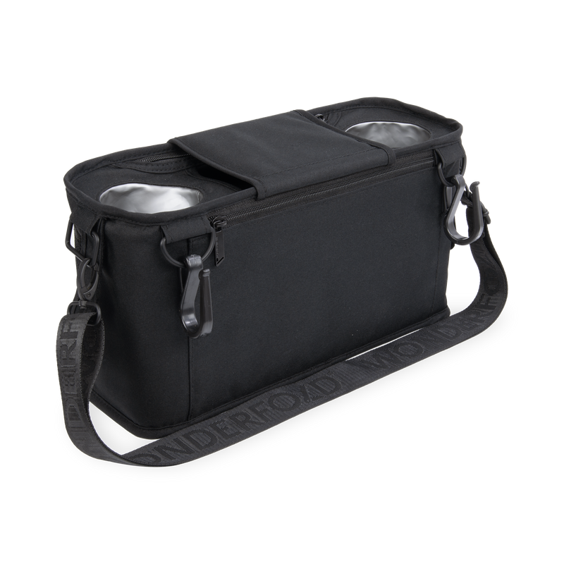 Black pet travel bag with two bowls on a white background