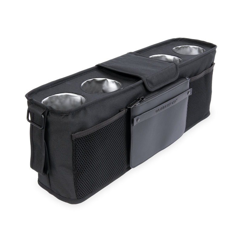 Black pet travel carrier with stainless steel bowls on a white background