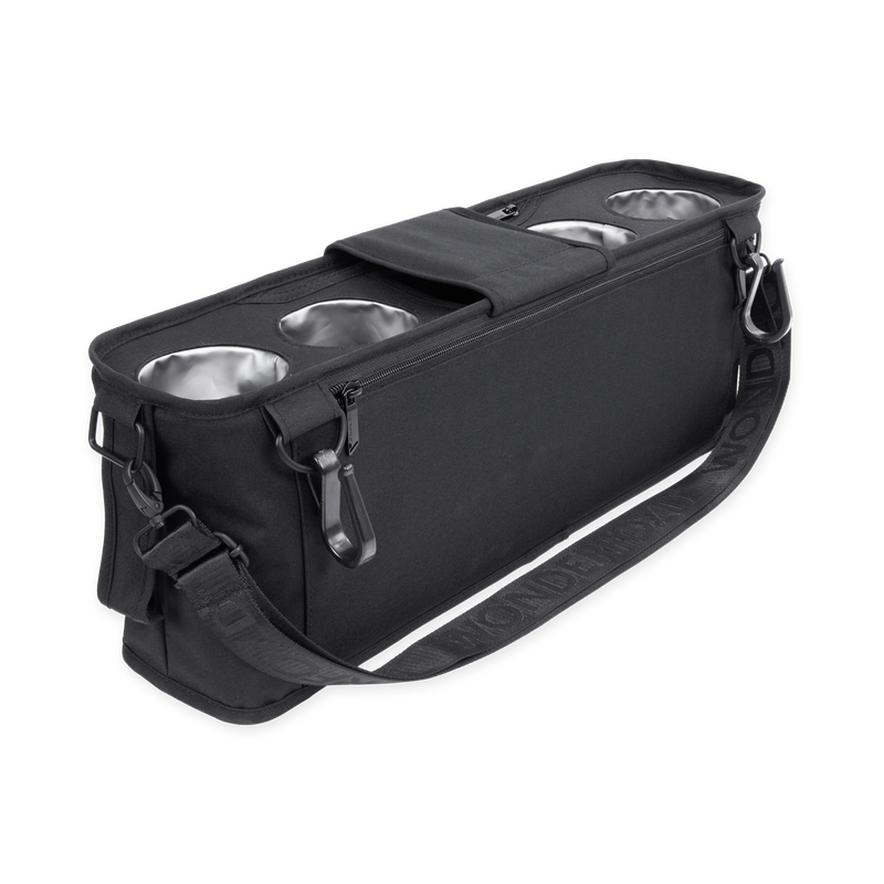 Black carrying case with compartments for dog bowls on a white background