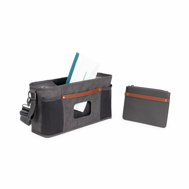 Gray organizer with brown accents and a smaller pouch on a white background