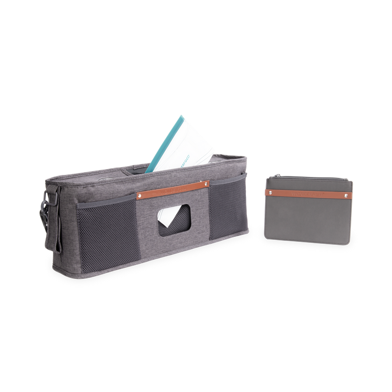 Gray organizer with a pouch on a white background