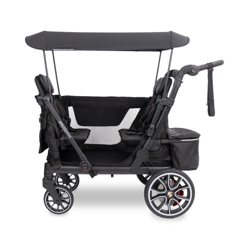 Black stroller with canopy on a white background