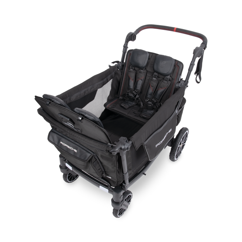 Black stroller with reclined seat on a white background