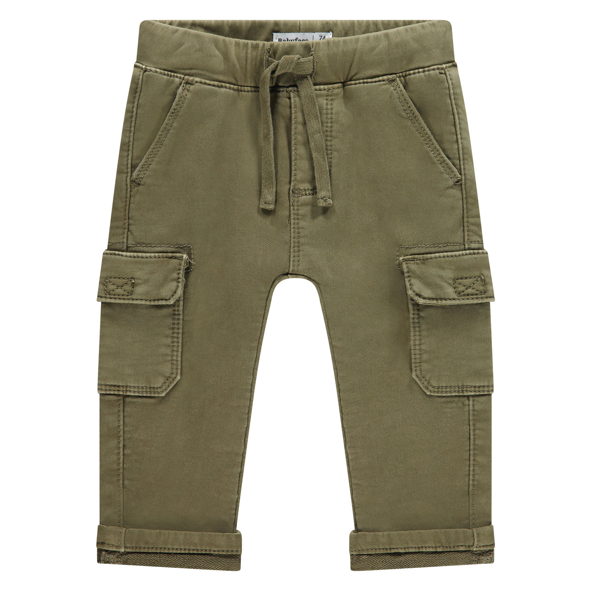 Green cargo pants with a drawstring on a white background