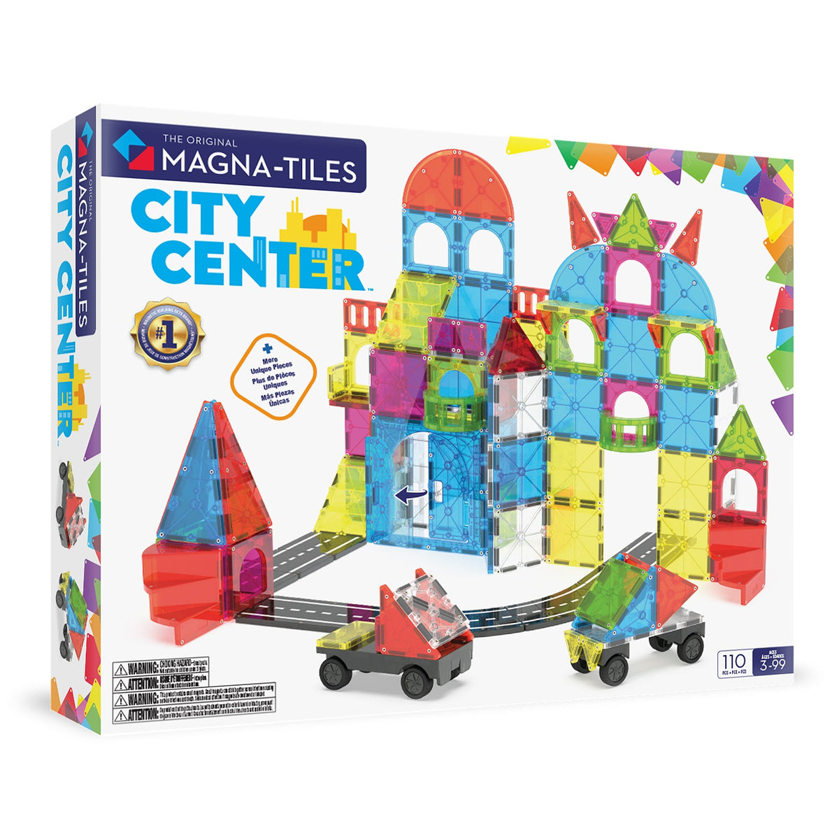 Magna-Tiles City Center toy set packaging with colorful building blocks and cars on a white background